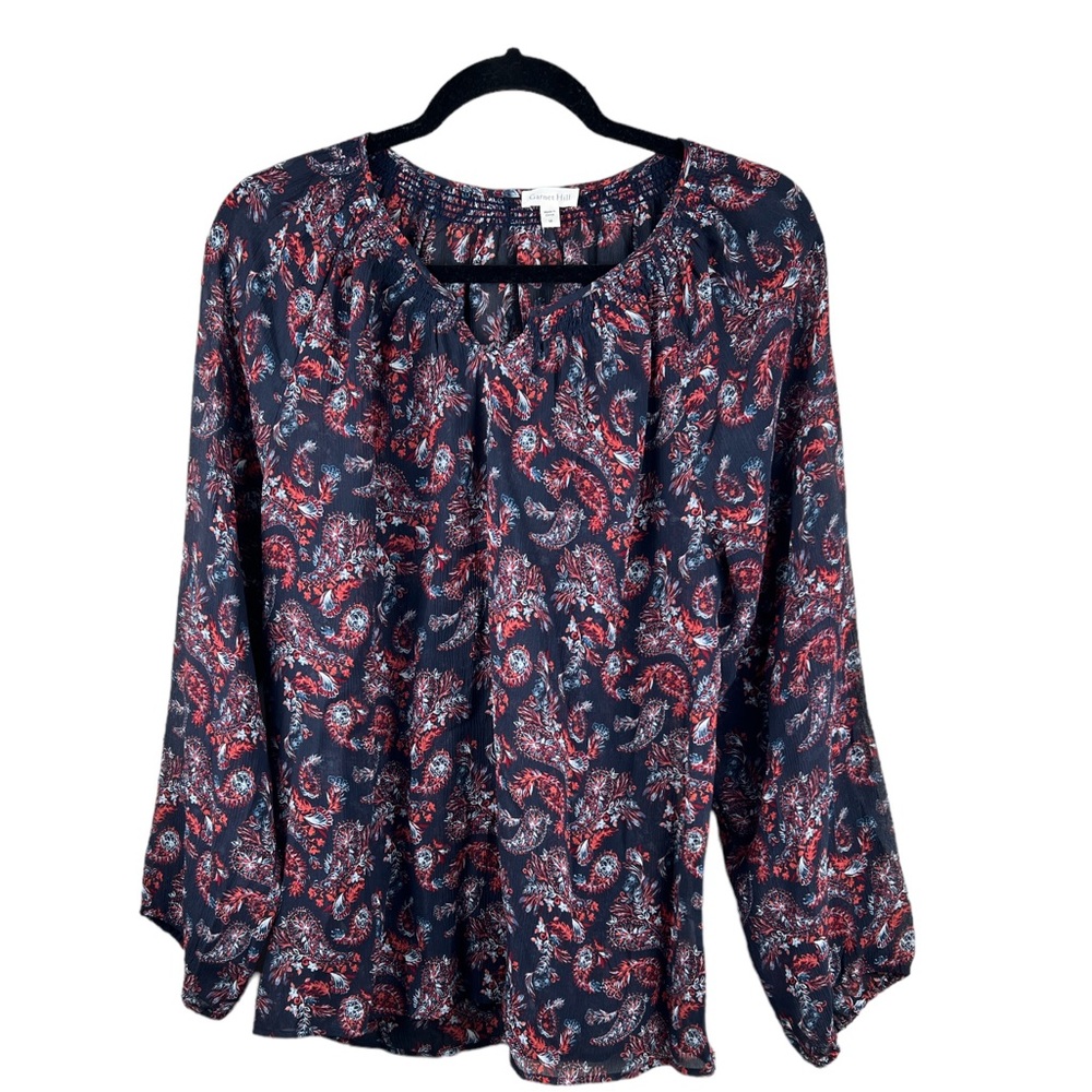 Garnet Hill Women’s 100%‎ Silk Print Blouse Blue Tunic Top Size Medium
